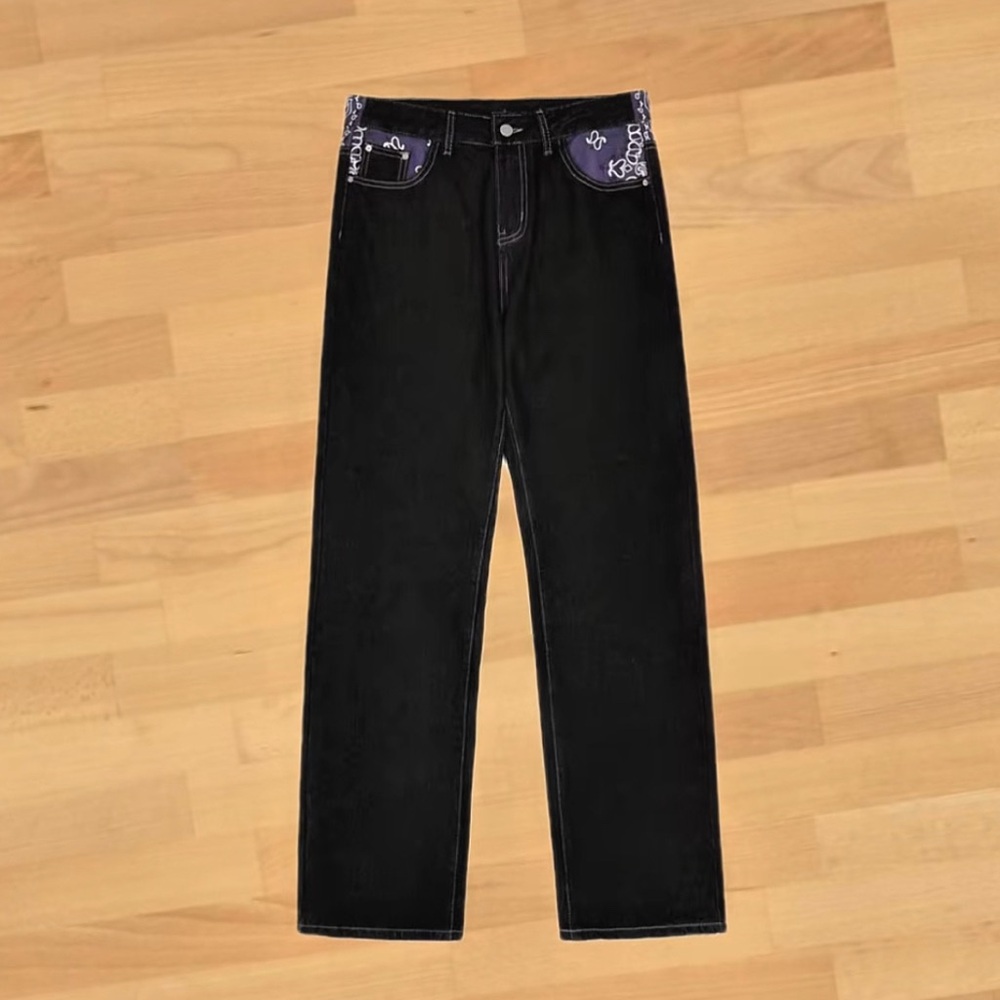 Black and purple OEM denims, grunge embellished🚑